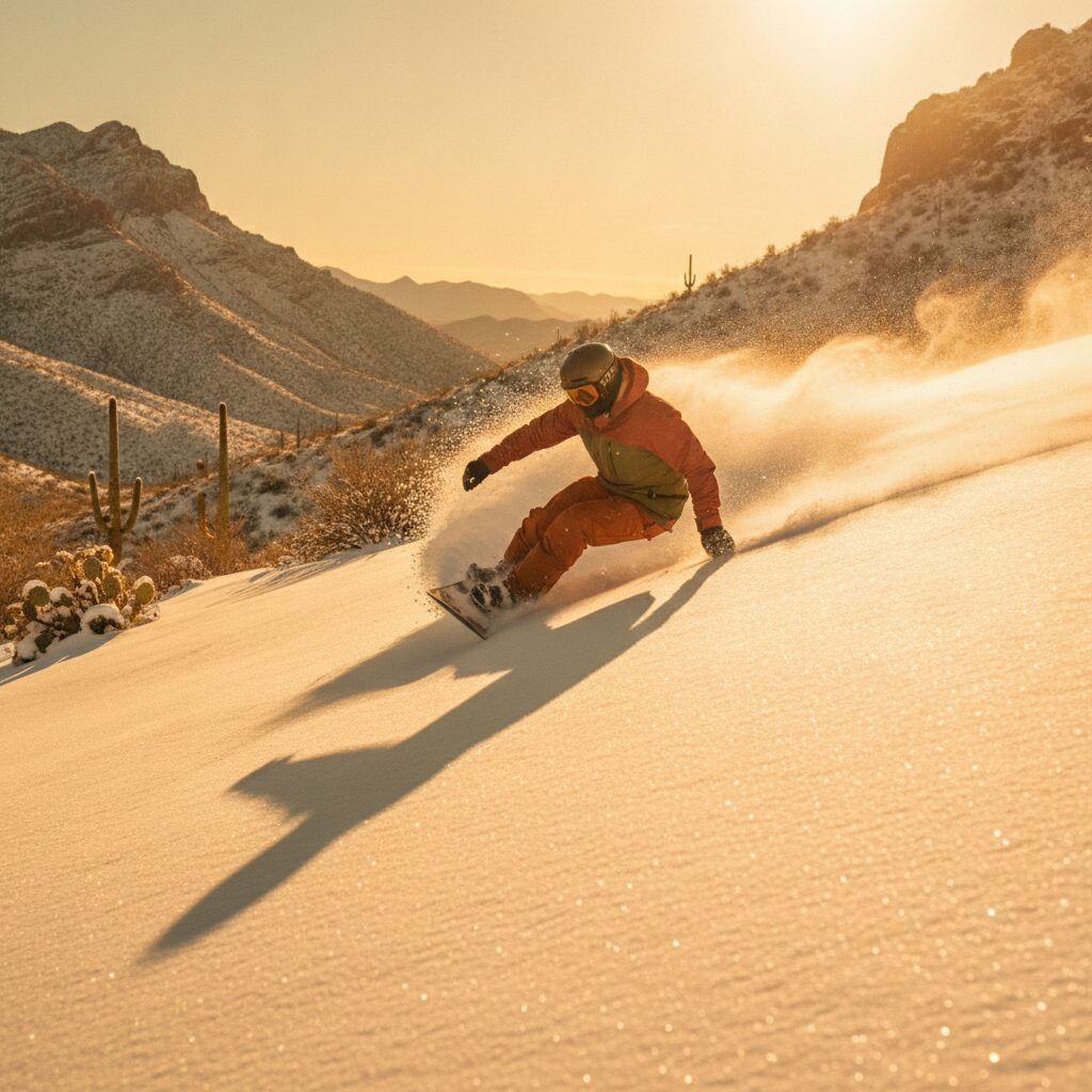 A snowboarder carving down a sunlit Arizona mountain run